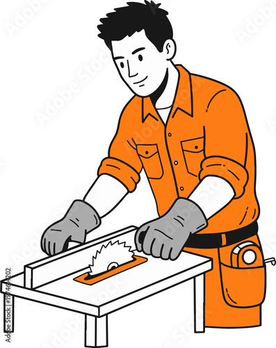 Carpenter Character Working with Table Saw Illustration