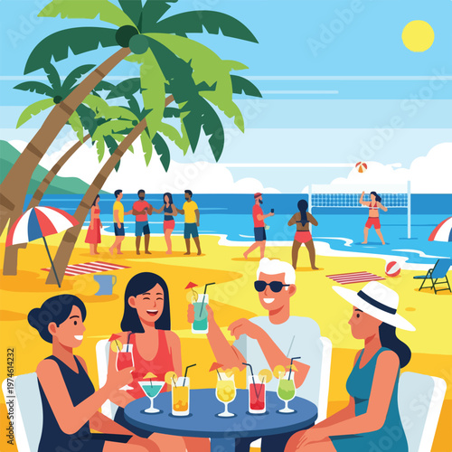 People drinking cocktails at a beach bar with others playing volleyball nearby