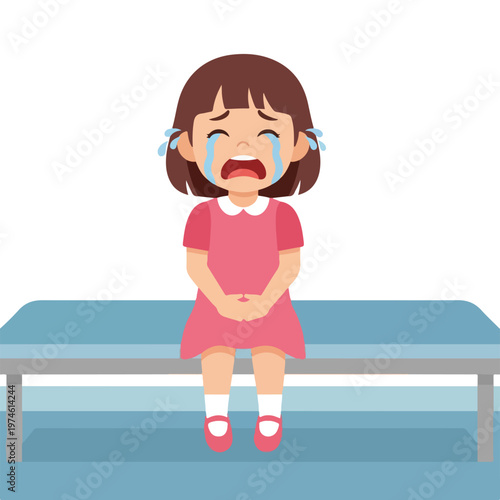 A sad young girl with brown hair in a pink dress is crying on a blue bench
