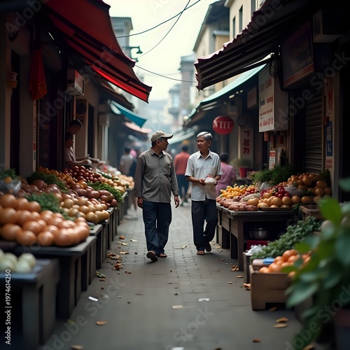 Two Men Walking Through a Bustling Market Street