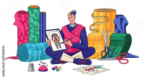 Person designing clothing with fabric and tools.