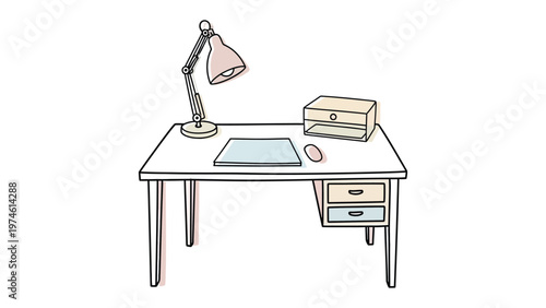 Desk and Lamp Scene: A minimalist workstation showcases a modern desk, sleek lamp, and organized storage, embodying simplicity and functionality.