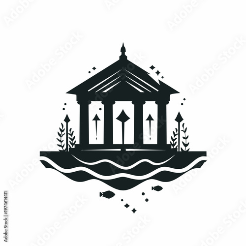 Stylized black and white silhouette of a classic ancient temple or pavilion floating on serene abstract water, peaceful nature illustration