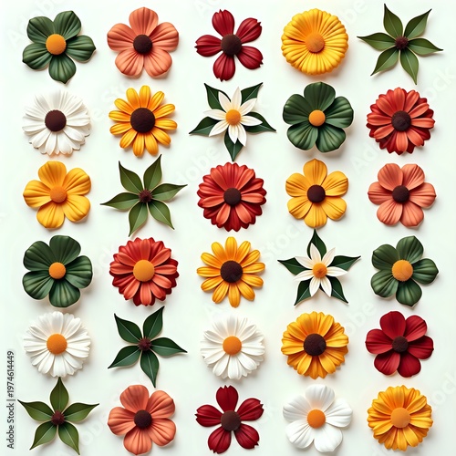 Colorful Paper Flowers Arranged on White Background