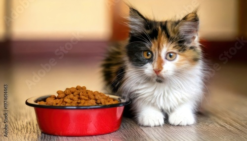 Adorable Calico Kitten with a Bowl of Dry Food.