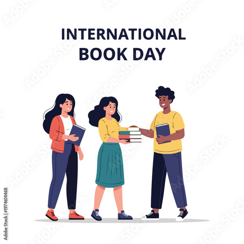 Three students smiling and sharing books for the International Book Day event