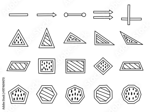 Geometric shape set in outline line art featuring basic figures line polygons triangles quadrilaterals and multi sided forms for education learning