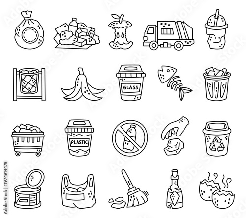 Garbage waste set in outline line art featuring trash recycling bins organic leftovers plastic glass cleaning tools environmental management elements
