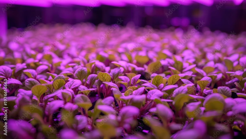 Obraz premium Microgreens illuminated by purple grow lights. Hydroponics and advanced agriculture idea.