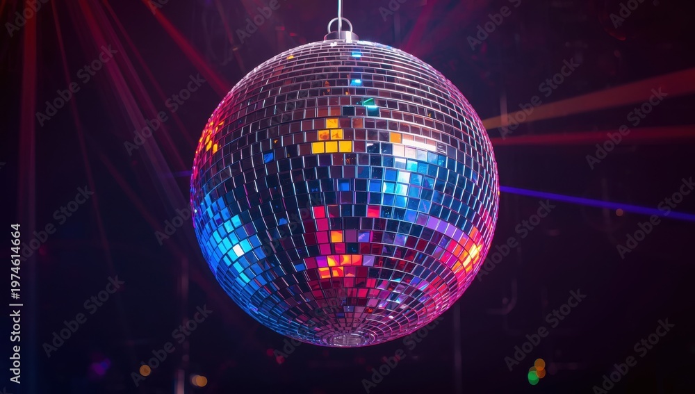 Obraz premium Close view of a shimmering disco ball projecting light on a dark backdrop, ideal for party or celebration themes, evoking a lively and festive mood.