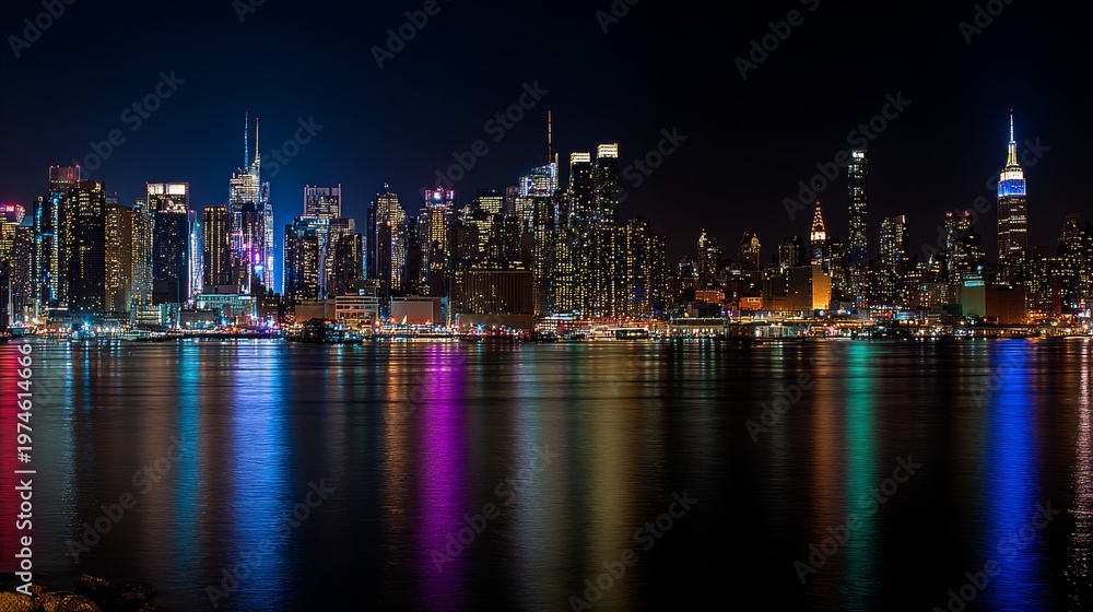 Obraz premium Skyscraper city skyline night urban buildings lights reflection water panorama downtown business architecture vibrant metropolis glowing colorful river perspective citylife modern skyline