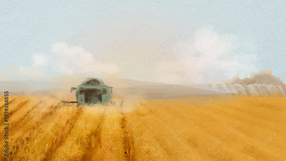 Fototapeta premium Agriculture aesthetic desktop wallpaper, watercolor field illustration