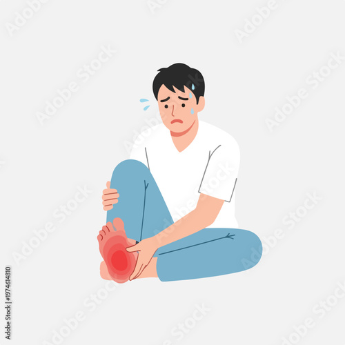 An illustrated man in a white shirt sweating while holding his painful red foot