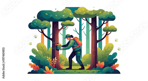 Person in forest examining tree trunk closely.