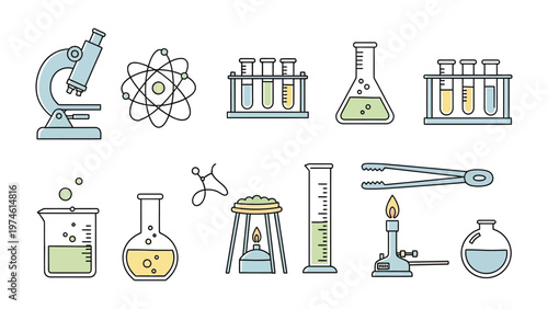 Science Lab Equipment Set: A detailed illustration of various science lab tools and equipment, from microscopes to beakers and atom models.