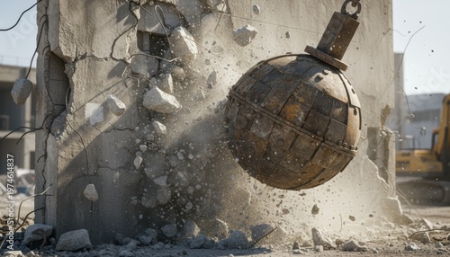 A heavy wrecking ball smashing a concrete wall showing demolition progress construction industry transformation and rebuilding concepts in action
