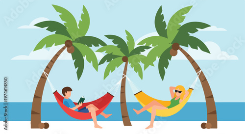 People relaxing in hammocks between palm trees on a tropical sandy beach shore