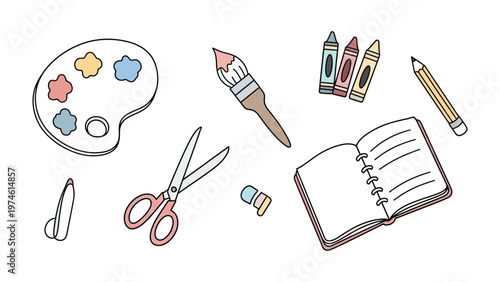 Artistic Essentials: An array of art supplies arranged neatly, featuring a palette, brush, crayons, a pencil, notebook, scissors and eraser, evoke creativity and craftsmanship.