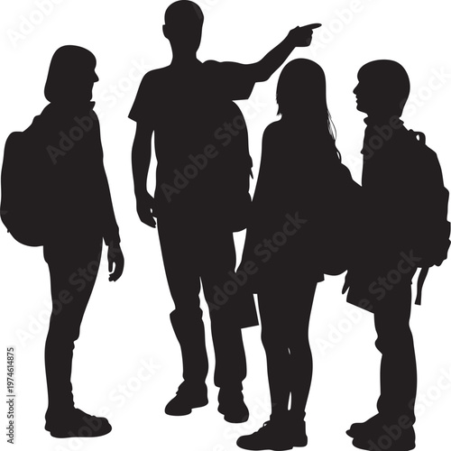 Group of Students on Field Trip with Teacher Pointing Direction Silhouette Vector Art