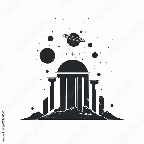 Ancient ruins with celestial elements, minimalist graphic illustration. Mystical temple on a cosmic landscape with planets and stars.