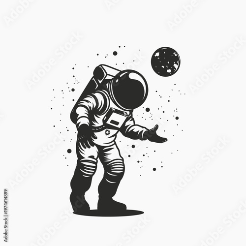 Retro astronaut in spacesuit reaching for a celestial body surrounded by stars, black and white space exploration graphic.