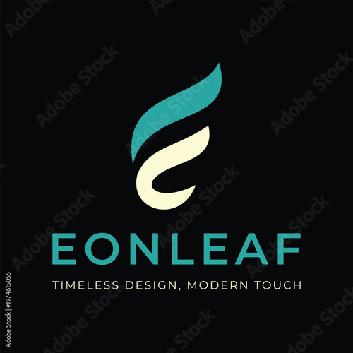 EONLEAF Branding Design Logo: A sleek, modern logo featuring an abstract leaf design, elegantly representing EONLEAF, embodying timeless design with a modern touch. The logo is clean.