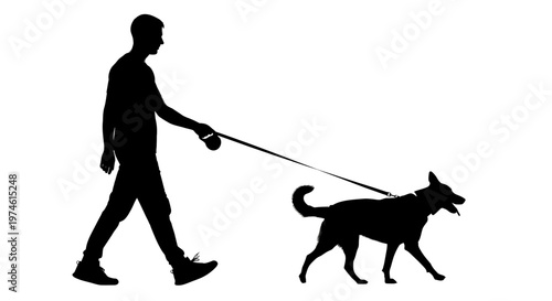Silhouette of a man walking his dog on a leash in the park, outdoor activity