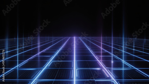 Neon Grid Background With Blue And Purple Lights For Technology Concepts