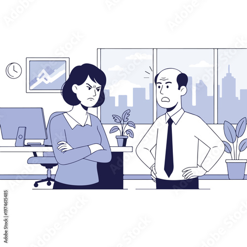 An angry woman and an upset man having a stressful confrontation in an office