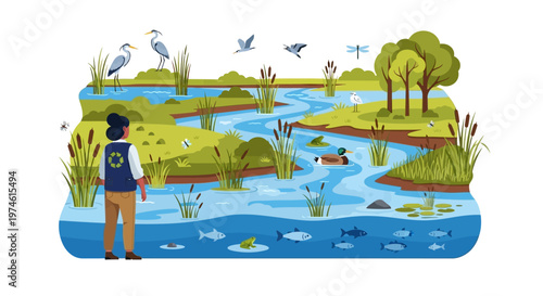 Person observing a vibrant wetland ecosystem teeming with life.