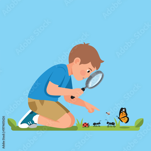 A young boy kneeling on grass observes insects through a handheld magnifying glass