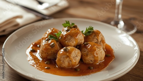 Closeup of chicken piccata meatballs in a flavorful lemon, caper, white wine, and butter sauce on a plate. Vertical.