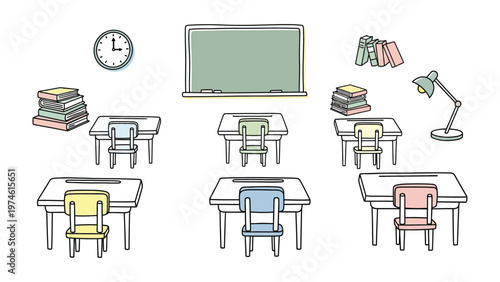 Classroom Essentials: An illustration showcasing an organized classroom setting with desks, chairs, chalkboard, books, clock, and lamp, embodying a space for learning and academic pursuits.