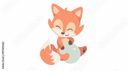 Cute happy baby fox vector illustration. Adorable cartoon character smiling and holding a blue ball. Playful animal design for kids.