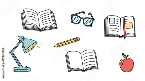 Essential Learning: A collection of educational objects, including open book, pencil, eyeglasses, and apple, symbolizing the tools of learning and the pursuit of knowledge.