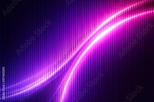 Vibrant neon glowing curves with a sleek ribbed glass texture creating dynamic color gradients on a dark abstract background
