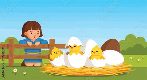 A young girl gazes at three yellow chicks hatching from eggs in a straw nest