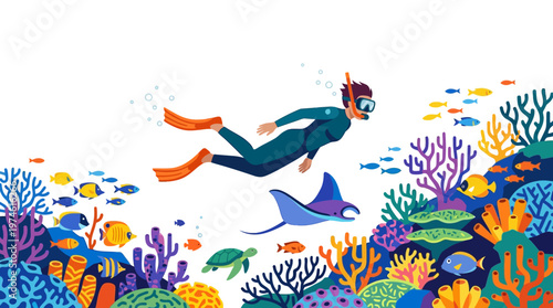 Person snorkeling underwater with marine life.