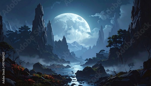 A serene, mystical night landscape with a glowing moon