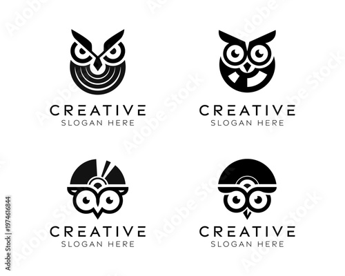 Set of music owl logo design templates. Modern isolated owl with vinyl record design for music, knowledge, and audio.