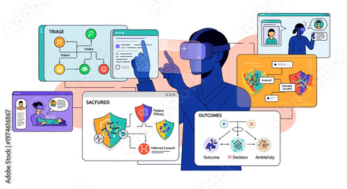 Person wearing VR headset interacting with digital interfaces.