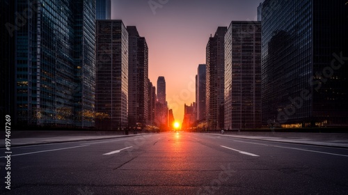 Skyscraper city skyline sunset urban buildings street perspective silhouette dusk sky empty road architecture modern downtown view upward dramatic light shadows cityscape depth