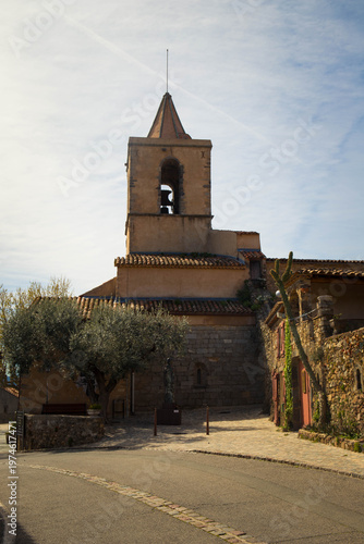 The church bell tower in the medieval village of Grimaud, France.