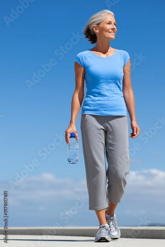 photo of a healthy over 50 woman outdoors in profile, with a water bottle after a workout. blue sky.