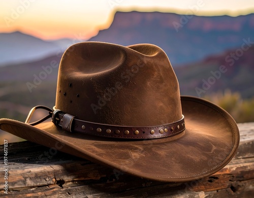 A rustic cowboy hat rests on weathered wood, silhouetted against a mountain range and a warm sunset glow