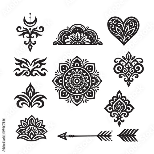 Boho Floral Ornament Set, Mandala, and Vintage Design Collection