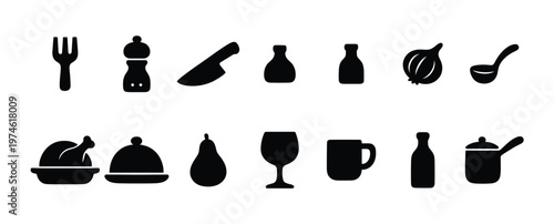 Dishware and utensils icons in black. A collection of black silhouette icons depicting various dining utensils plates and glassware for restaurant or kitchen use, vector illustration.