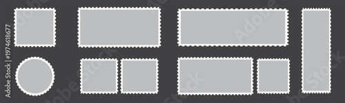White and Grey Empty Postage Stamp Set on Dark Background, Blank Mail Frame Vector Templates.