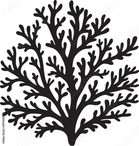 Black Coral Silhouette Branching Structure Isolated on White Background Macro Detail Graphic Style