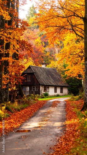 A rustic house sits at the end of a leaf-strewn road, framed by vibrant, fall-colored trees. The sky peeks through